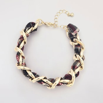 avec Braided Plaid Fabric & Chain Bracelet
