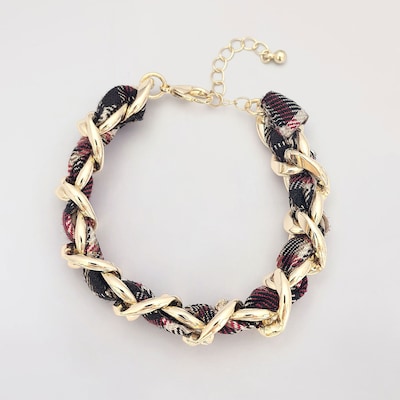 avec Braided Plaid Fabric & Chain Bracelet