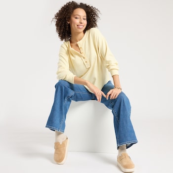 J.O.A. Ribbed Henley Knit Crewneck Top