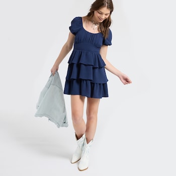 Originality Short Sleeve Tiered Tie Back Dress