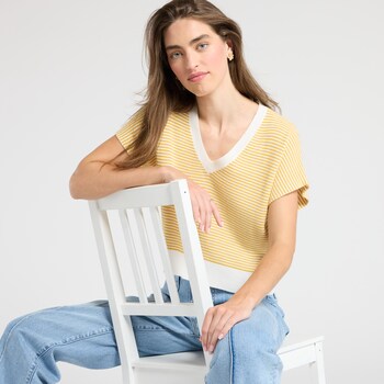 Dreamers Short Sleeve Contrast Trim Striped Sweater