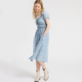 Thread & Supply Puff Sleeve Floral Chambray Dress