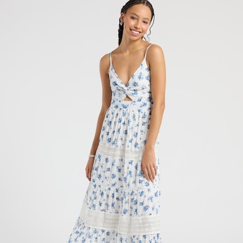 Angie Sleeveless Twist Front Floral & Lace Dress