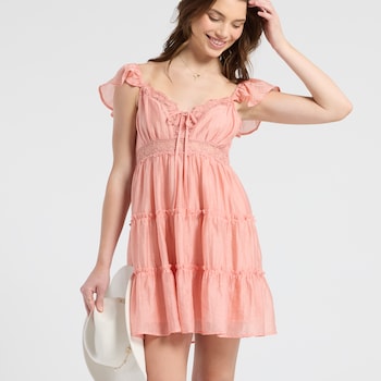 Very J Flutter Sleeve Lace Trim Dress