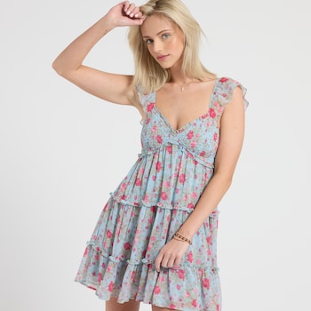 Camarosa Flutter Sleeve Smocked Floral Dress