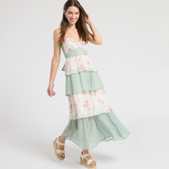 Originality Mixed Print Tiered Maxi Dress