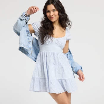 Blu Pepper Puff Sleeve Eyelet Clip Dot Dress