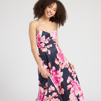 Emerald Sundae Pleated Floral Satin Dress