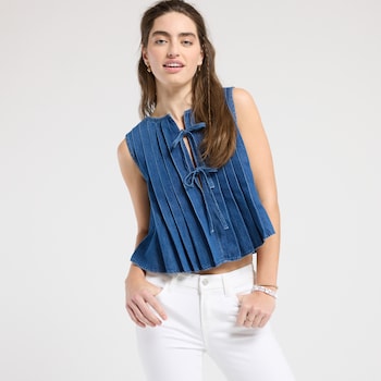 Blu Pepper Tie Front Pleated Denim Tank