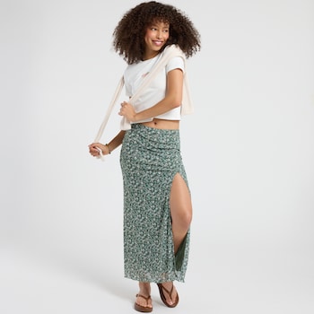 Originality Floral Slit Front Mesh Skirt