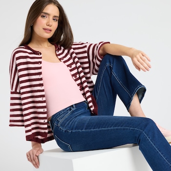 J.O.A. Short Sleeve Striped Cardigan