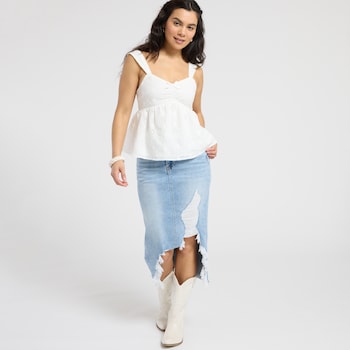 MICA DENIM Distressed High-Low Denim Skirt